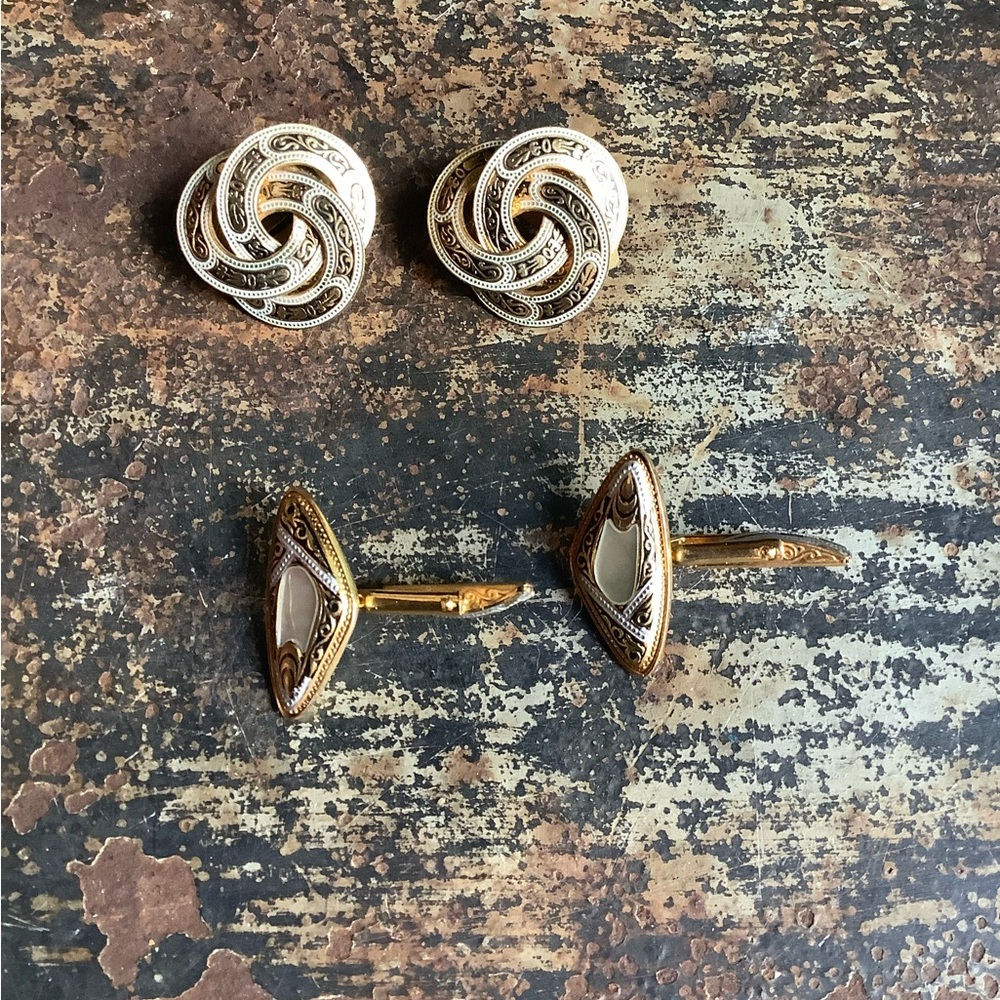 Vintage Damascene Knot Earrings & MOP Cufflinks